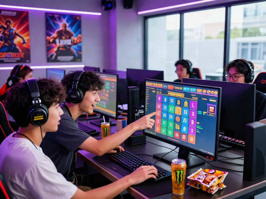 Excited gamers enjoying Bandar Togel 4D betting session with vibrant screens and energy drinks.