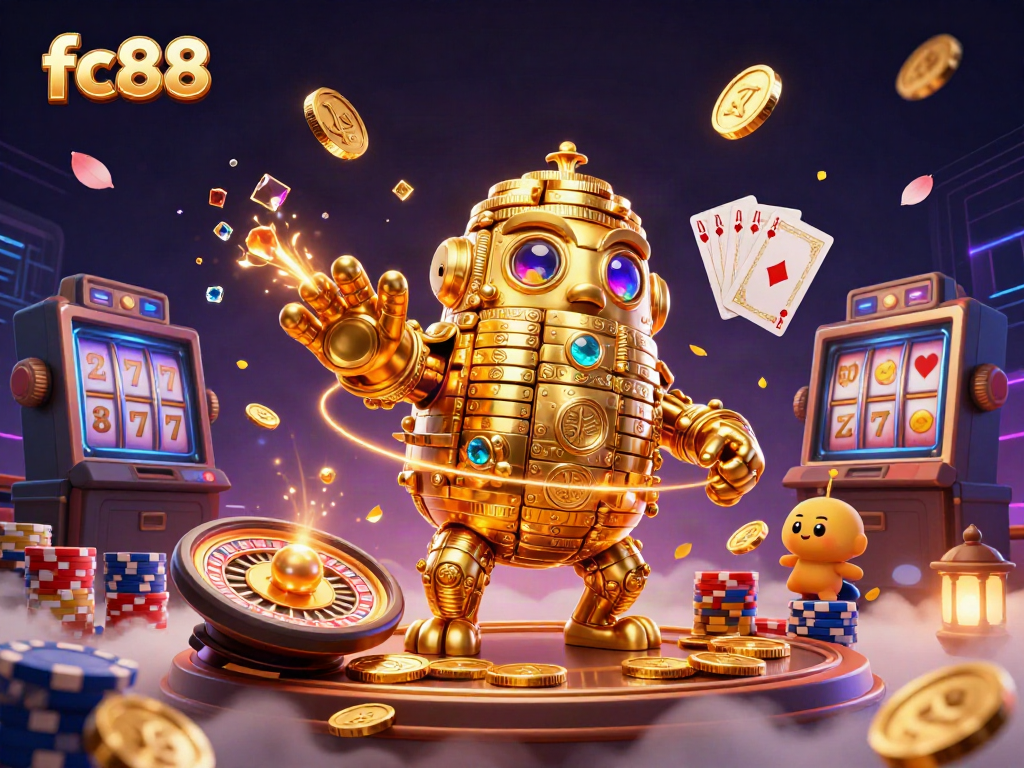Experience thrilling gaming at fc88 with a golem of gold coins, vibrant casino elements and slot symbols.