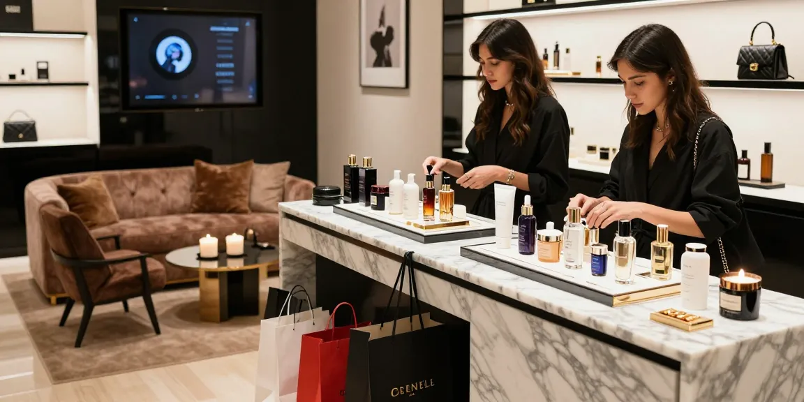 Pengalaman belanja Link LUXURY12 di toko mewah dengan produk perawatan kulit yang menawan.
