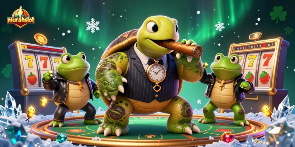 Spin the reels at murahslot with a dynamic 3D illustration featuring a turtle mobster and frog enforcers.
