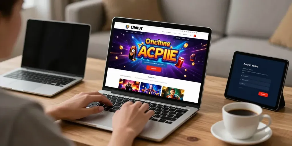 Pengguna mengakses totowin88 di laptop dalam suasana nyaman dengan permainan online.