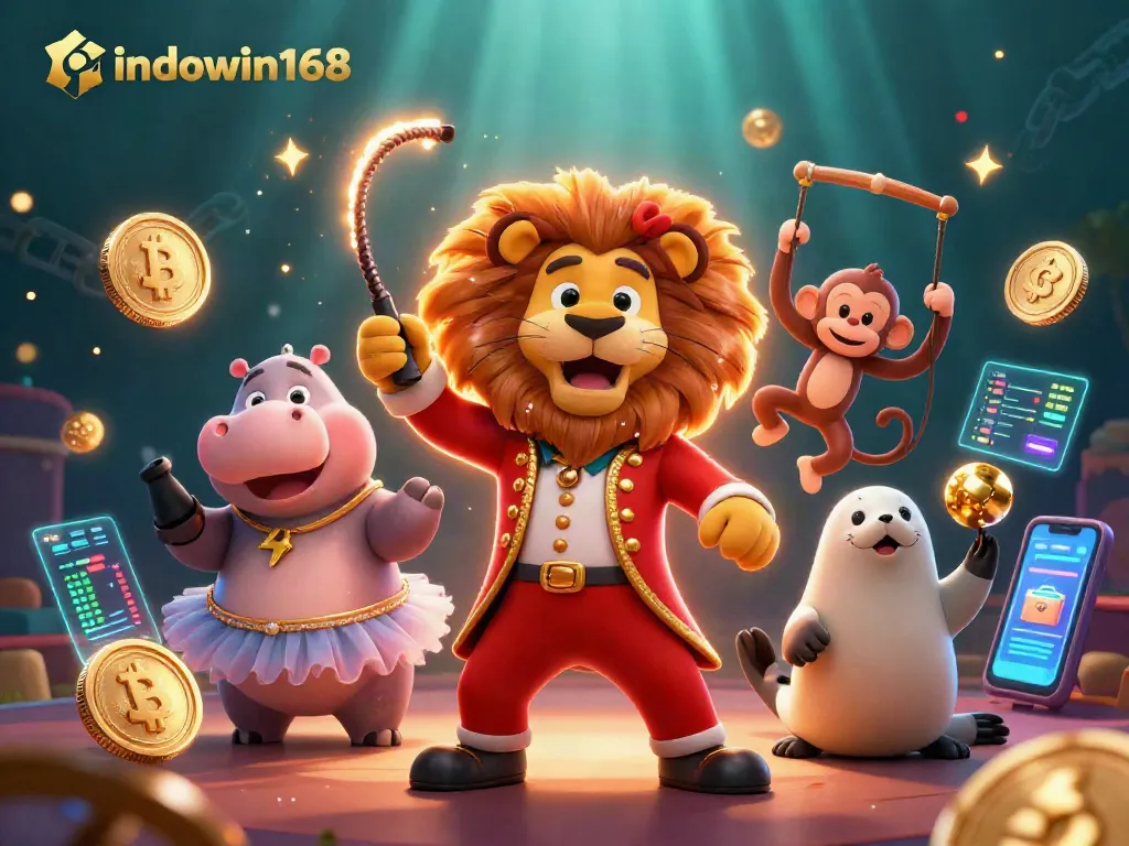 Experience the excitement of indowin168 with a vibrant circus-themed casino illustration showcasing characters and crypto elements.