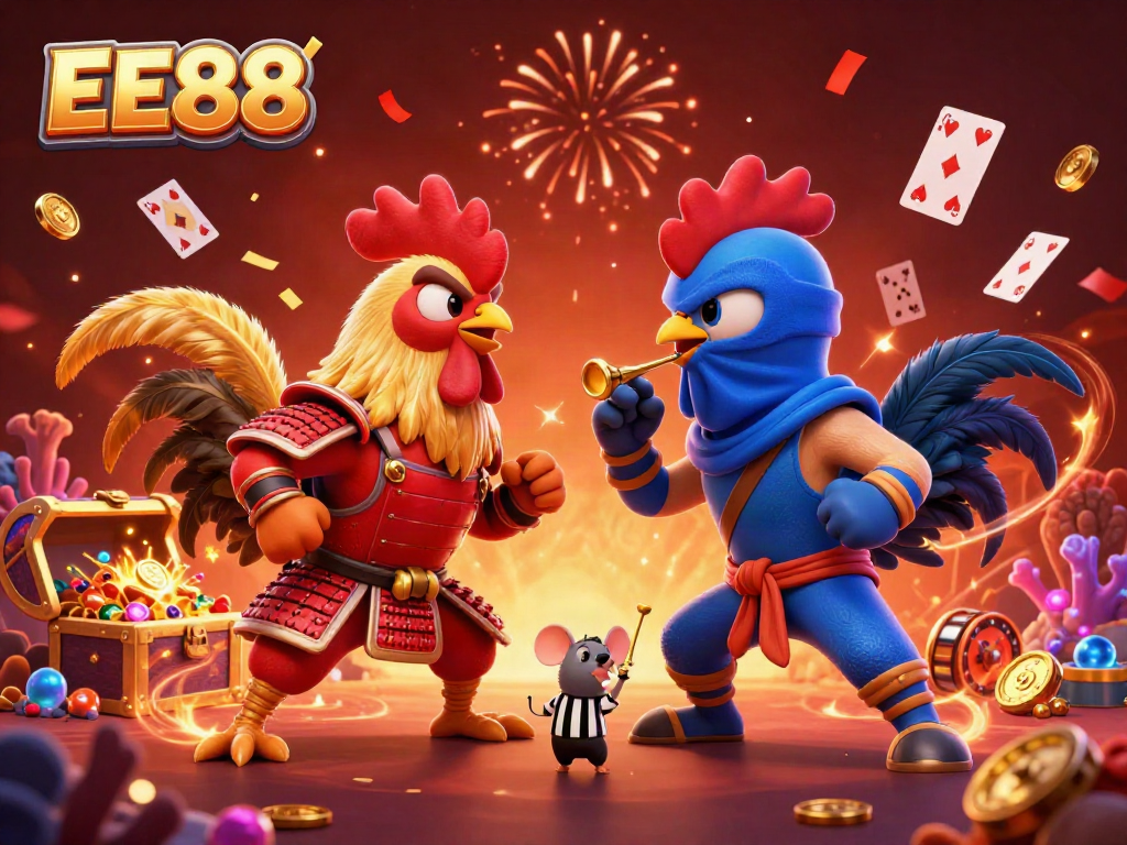 EE88 showcases a vibrant clash of skill with animated roosters and gambling elements in a lively casino scene.