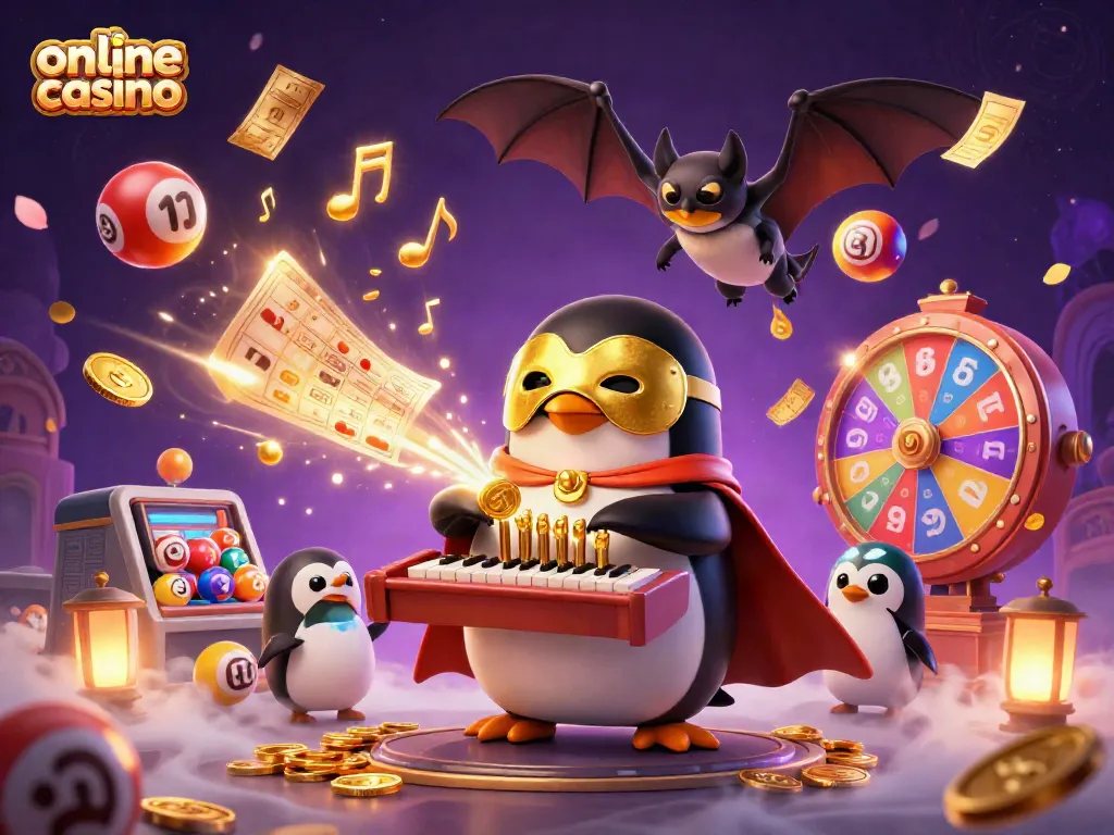 Engaging 3D casino scene showcasing an online casino theme with a penguin playing an organ and dynamic game elements.