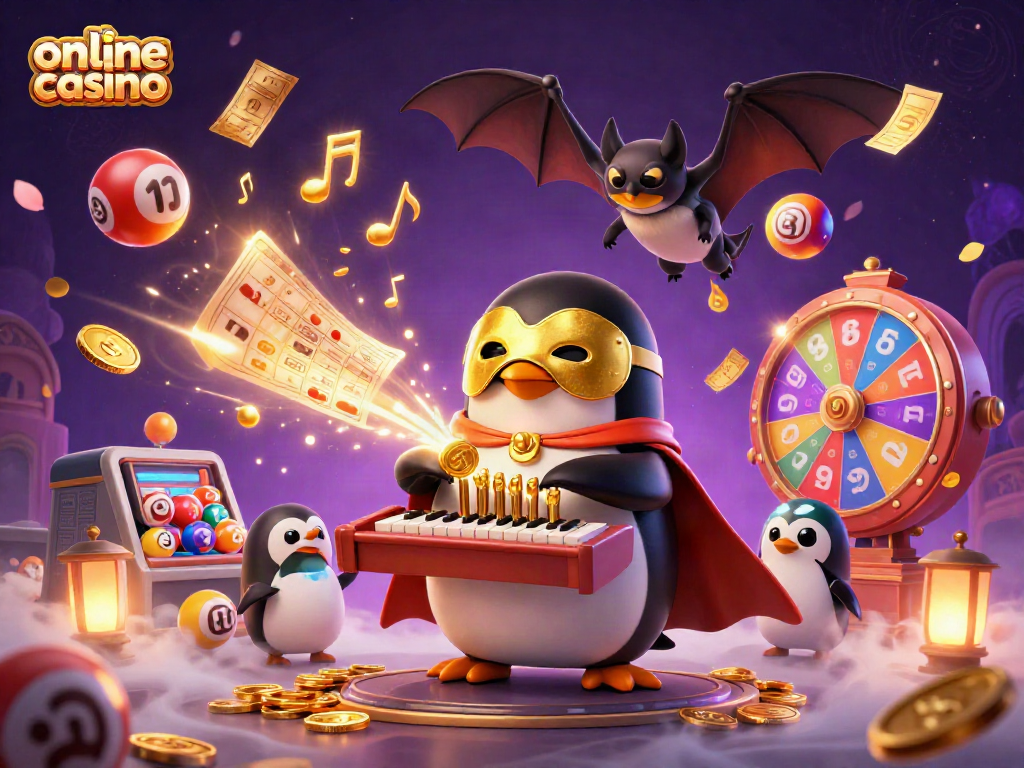 Engaging 3D casino scene showcasing an online casino theme with a penguin playing an organ and dynamic game elements.