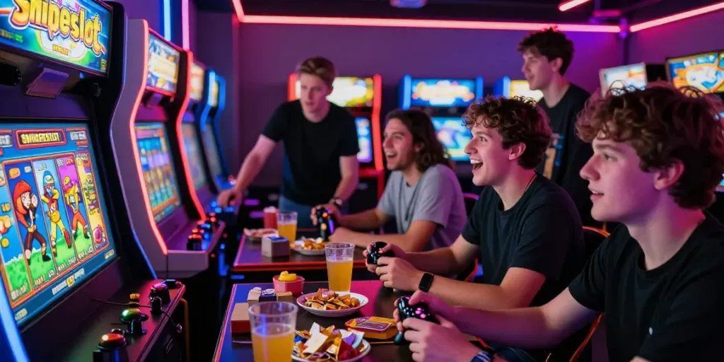 Kumpulan teman bermain Sniperslot di arcade dengan suasana ceria dan lampu neon.