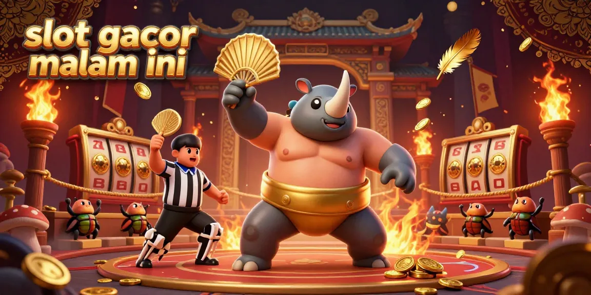 Engage with slot gacor malam ini as a rhinoceros beetle champion sends coins flying in a vibrant casino scene.
