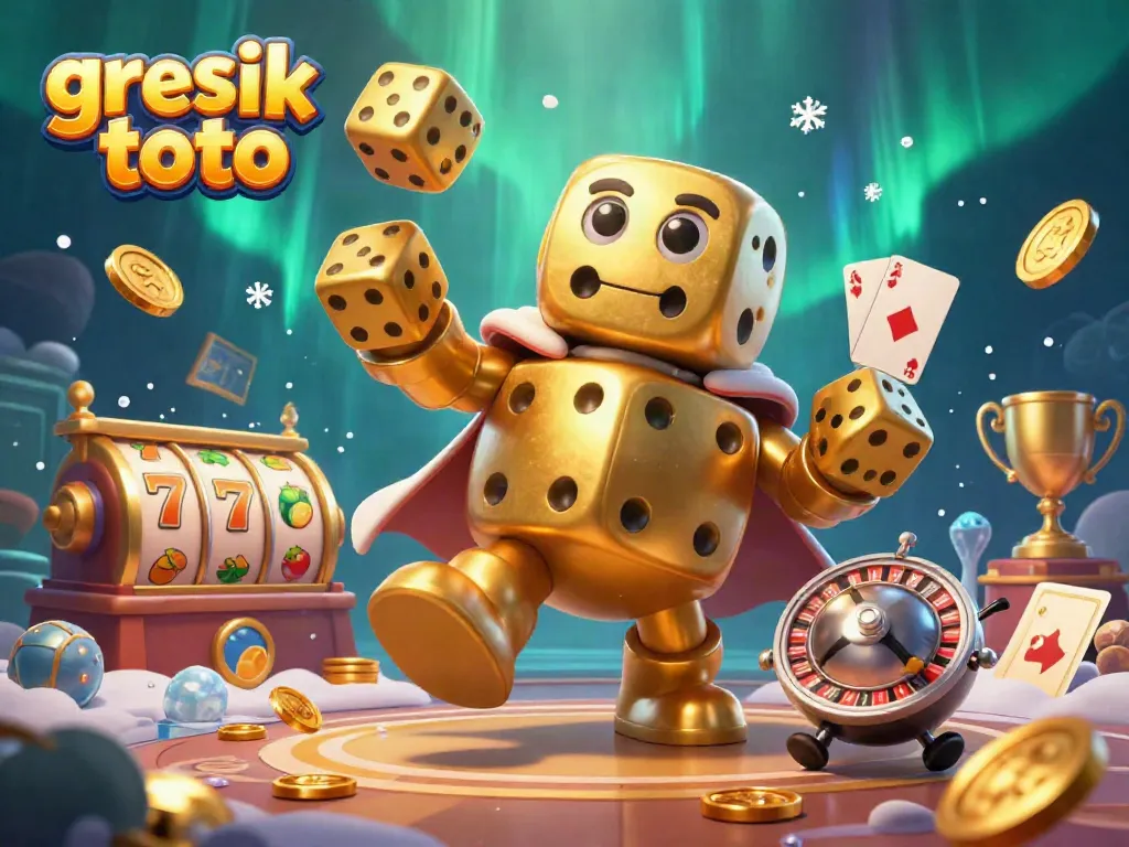 Experience the exciting thrills of gresik toto with a dynamic 3D casino scene featuring gold dice and slot elements.