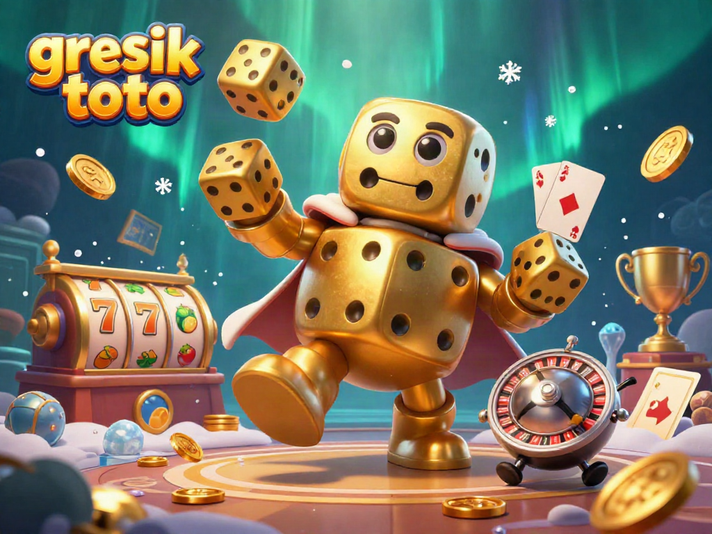 Experience the exciting thrills of gresik toto with a dynamic 3D casino scene featuring gold dice and slot elements.