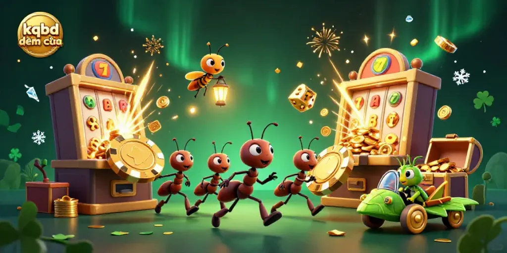 KQBD đêm qua illustrated scene with ants heisting a giant poker chip amidst slot machines and golden coins.