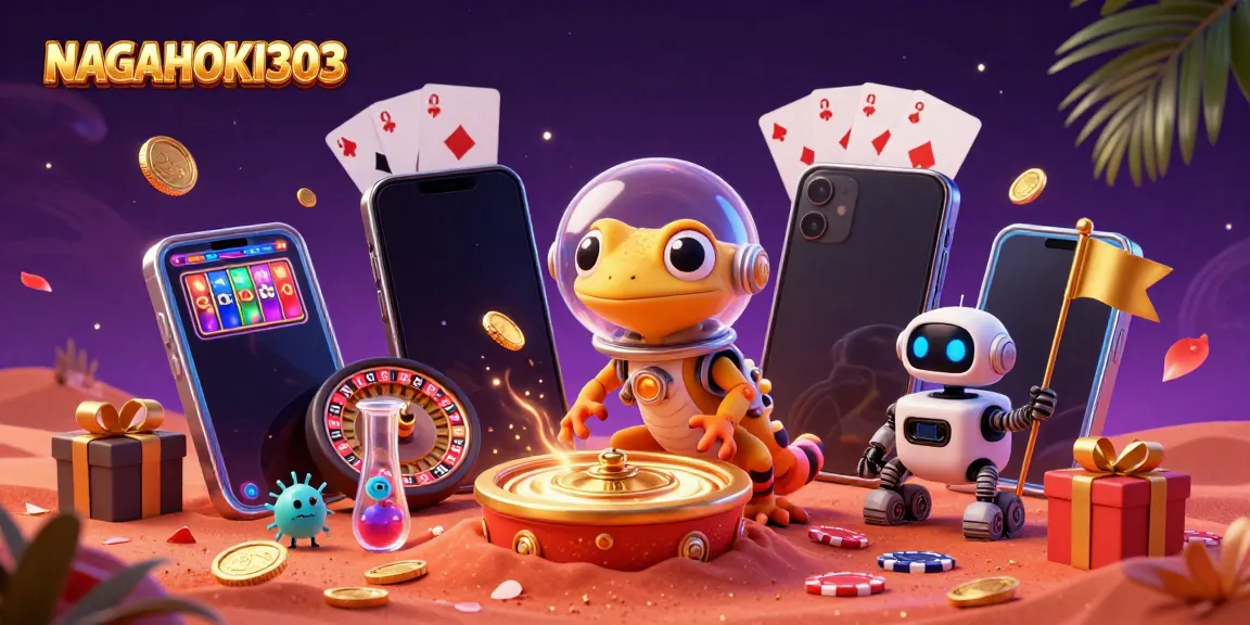 NAGAHOKI303's Martian gecko explores a golden mars casino with dynamic slot games and alien cheerleaders.