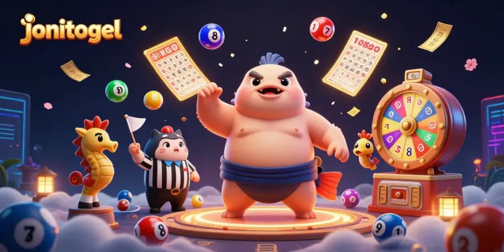 Engage with jonitogel's exciting lottery action in a vibrant underwater casino scene filled with colorful elements.