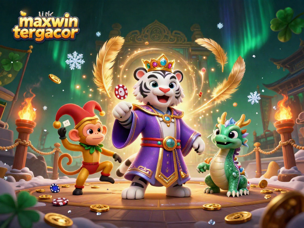 Experience the thrill at link maxwin tergacor, featuring a majestic white tiger and playful characters in a vibrant casino scene.
