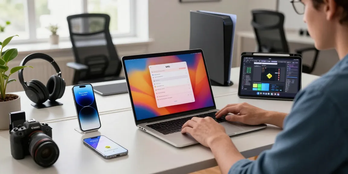 A user engages with their M5 MacBook in a modern tech workspace, featuring digital design tools and gadgets.
