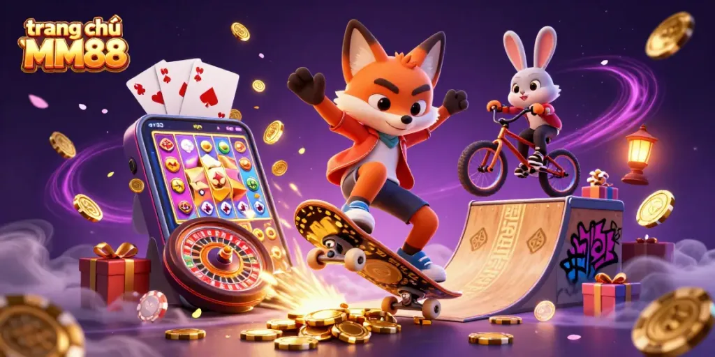 Engage with thrills on trang chủ MM88 while watching a 3D fox and rabbit skateboarding over golden poker chips.