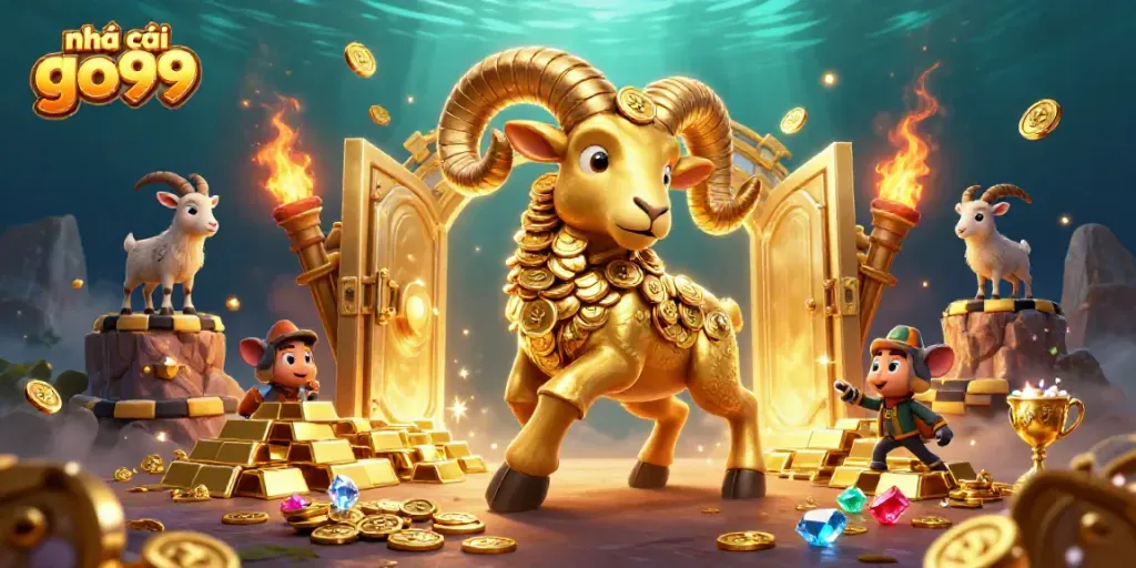 Immerse in the thrilling realm of nhà cái go99, featuring a golden ram charging through a treasure-laden scene.