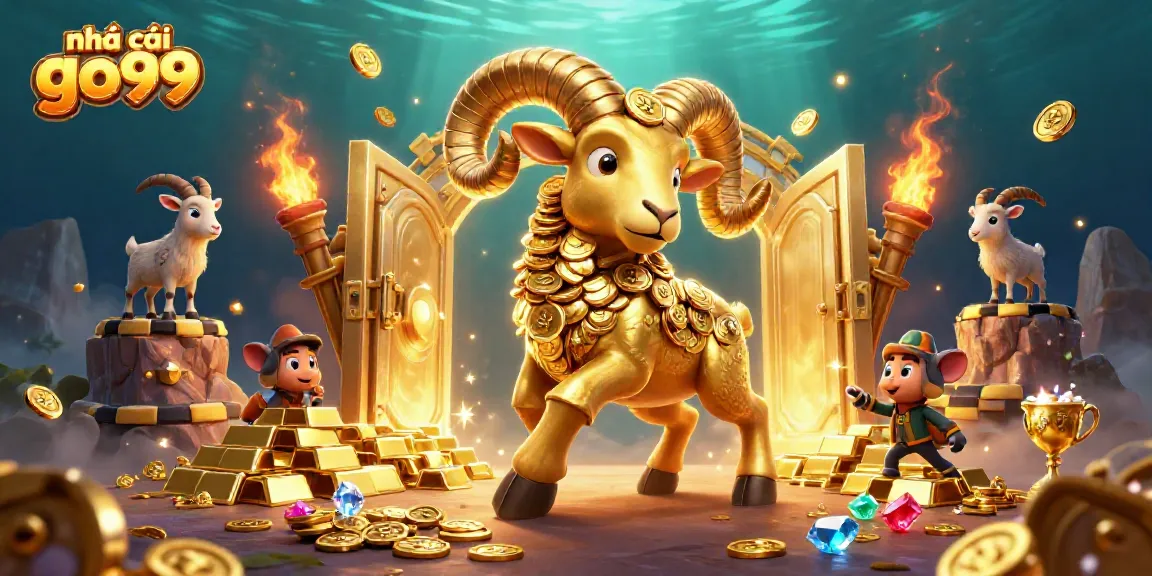 Immerse in the thrilling realm of nhà cái go99, featuring a golden ram charging through a treasure-laden scene.