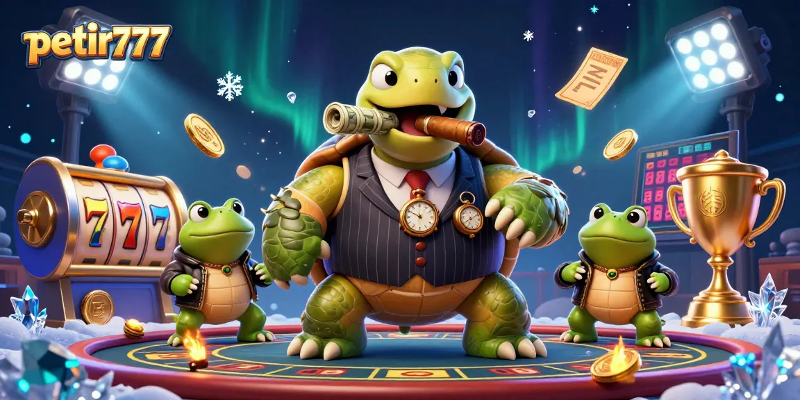 Experience thrilling gaming at petir777 with our lively cartoon scene featuring a turtle and bullfrog enforcers!