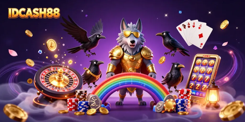 Experience the thrill at IDCASH88 with colorful casino elements swirling around a Norse wolf and ravens.