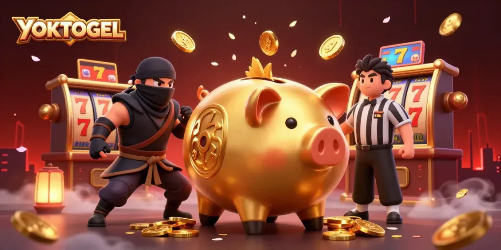 YOKTOGEL showcases a golden piggy bank sumo wrestler and friends celebrating big wins in a vibrant casino scene.