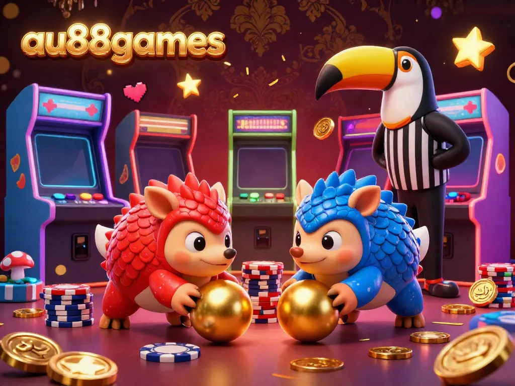 Experience exciting gameplay with au88games as rival pangolins face off amidst vibrant casino elements and arcade machines.