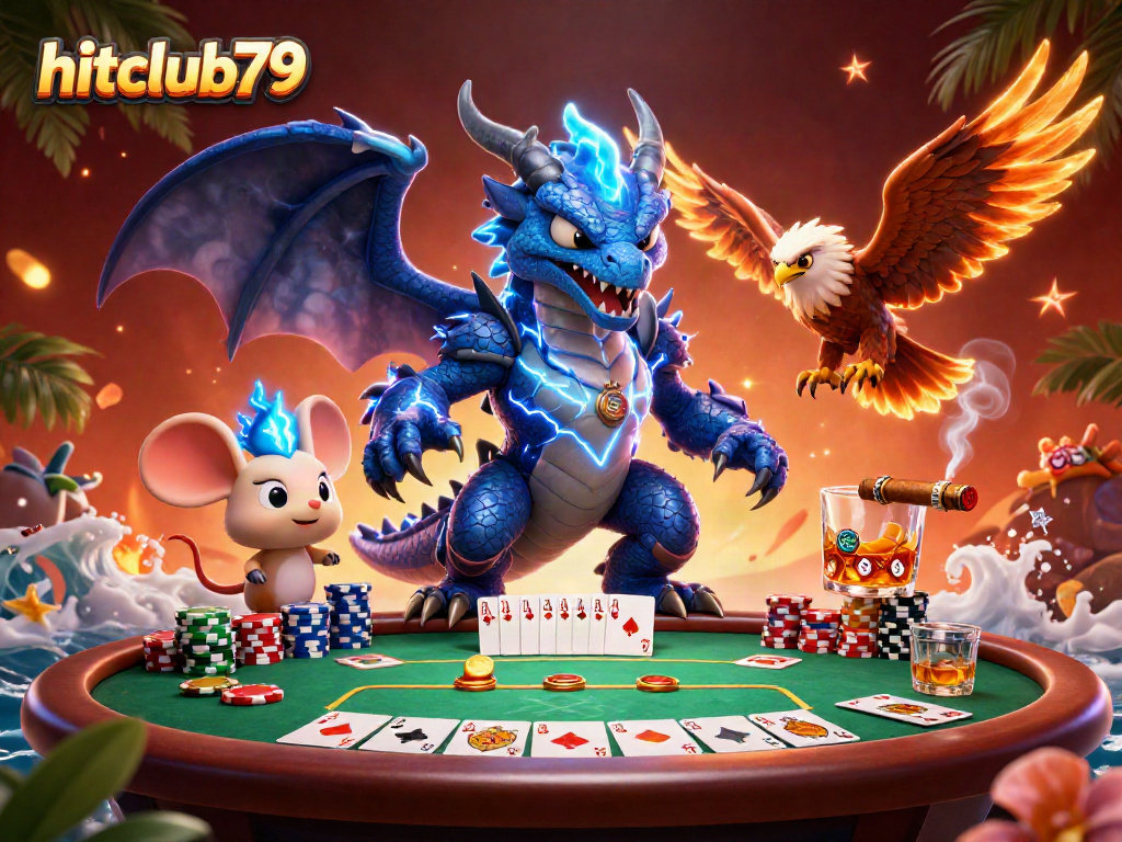 Win big at hitclub79 with an electrifying casino scene featuring dynamic characters and vibrant poker elements.