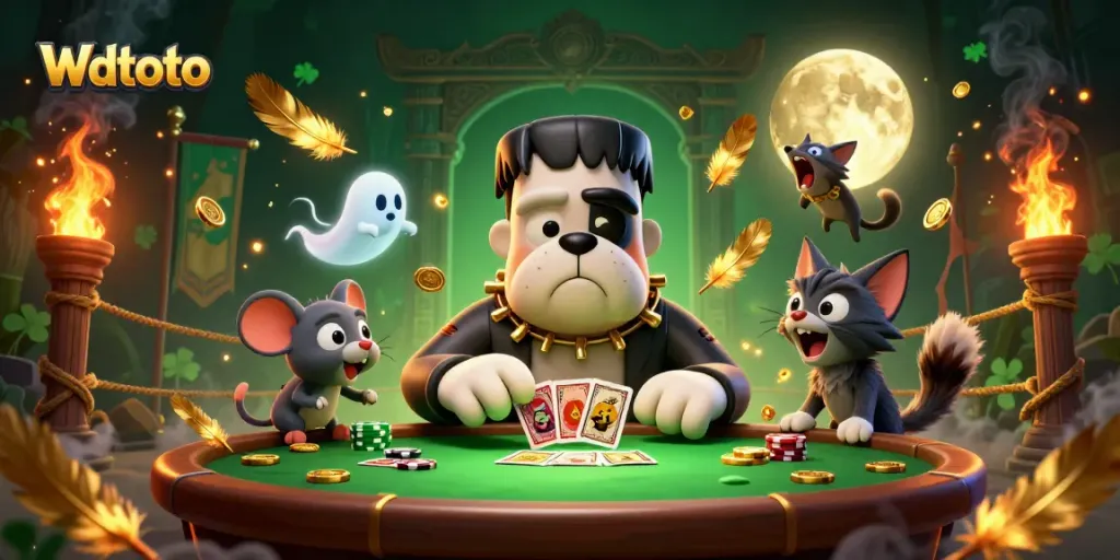 Wdtoto menghadap jackpot dengan bulldog Frankenstein dan kucing serigala di kasino digital