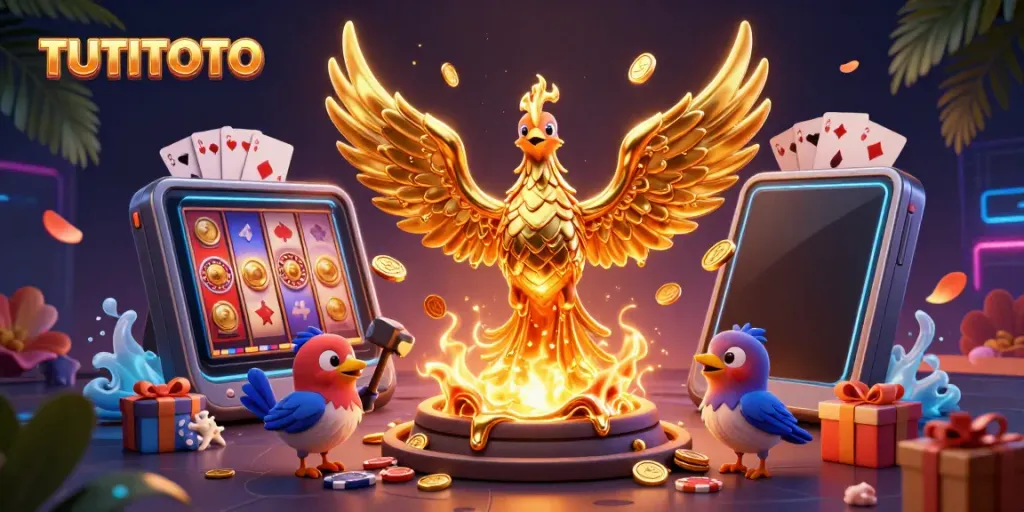 TUTITOTO showcases a brilliant 3D phoenix amid casino elements, capturing excitement in gambling.