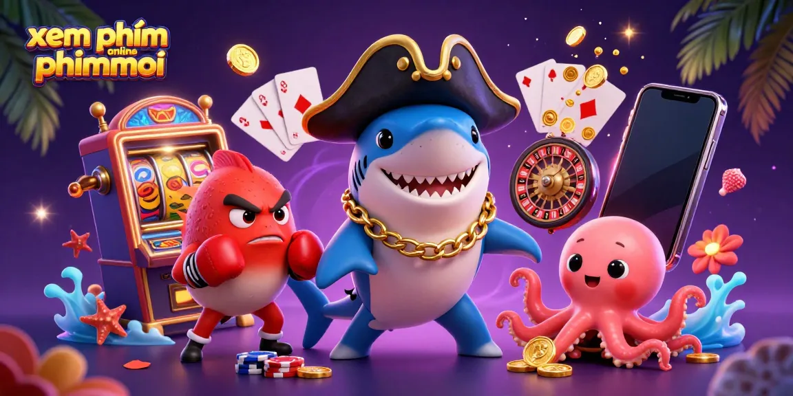 Xem phim online phimmoi showcasing a playful pirate shark and friends engaging with casino elements.