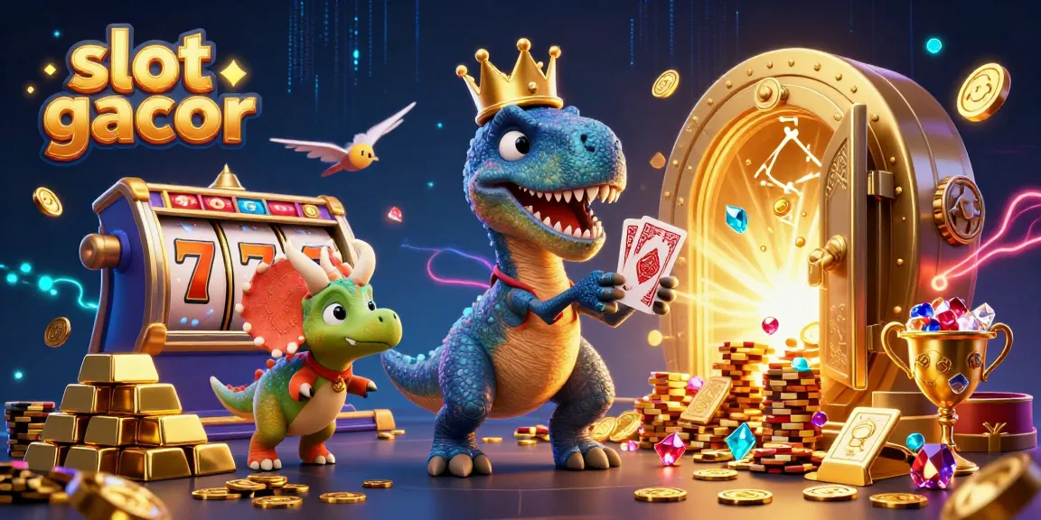 Experience excitement with slot gacor as T-Rex shuffles cards and wins golden chips in a lively casino.