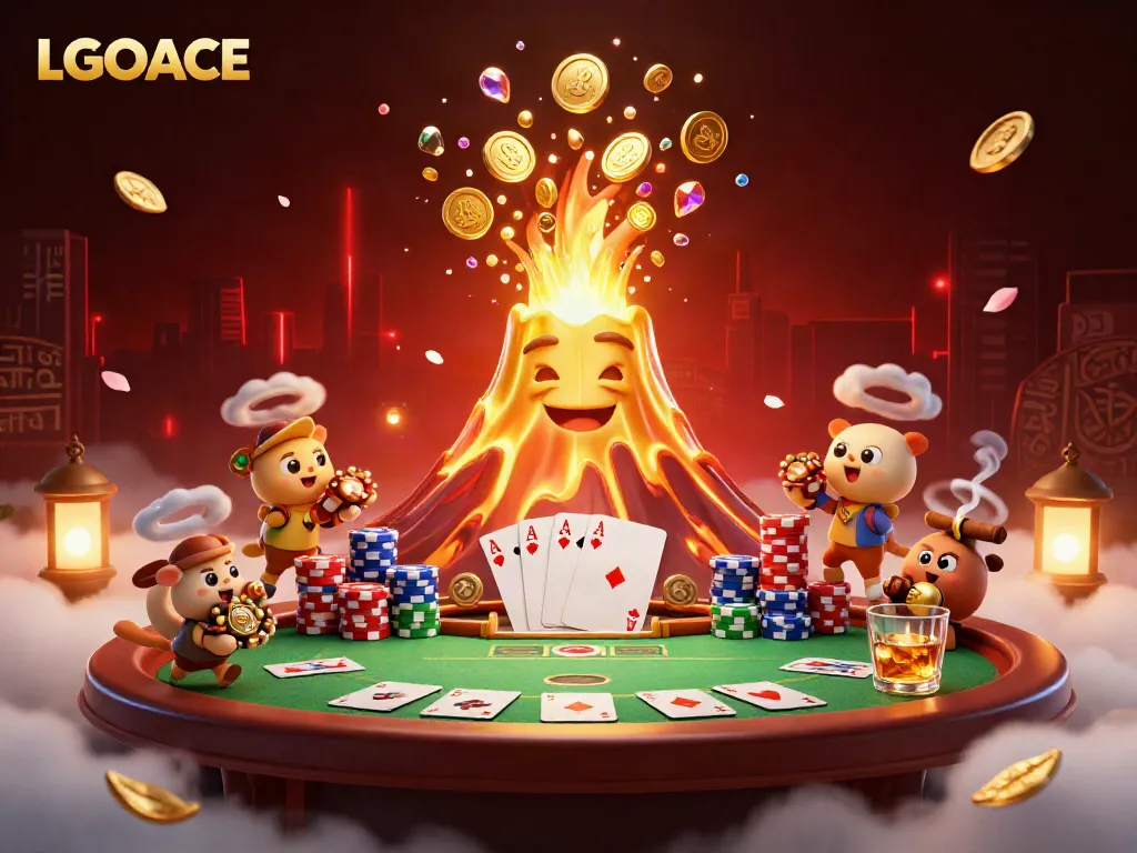 Engage with LGOACE as a golden volcano erupts coins while tiny animals flee with treasure in an action-packed casino scene.