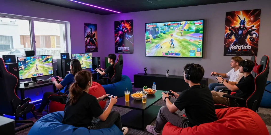 Kediritoto dalam suasana gaming yang penuh energi bersama teman-teman di ruang permainan.
