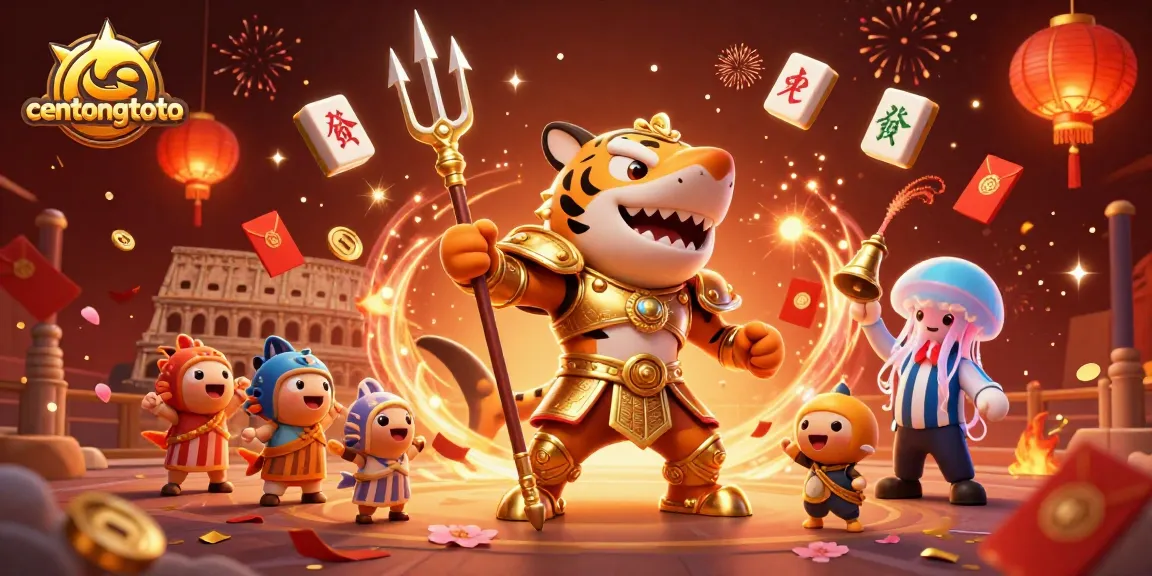 Gambarkan centongtoto secara visual dengan hiu hiu kartun ganas dalam armor gladiator emas di arena lautan.