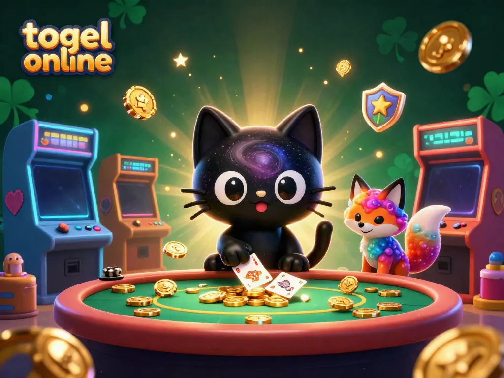 Ilustrasi menggambarkan togel online dengan kucing hitam dan rubah nebula di meja kasino.