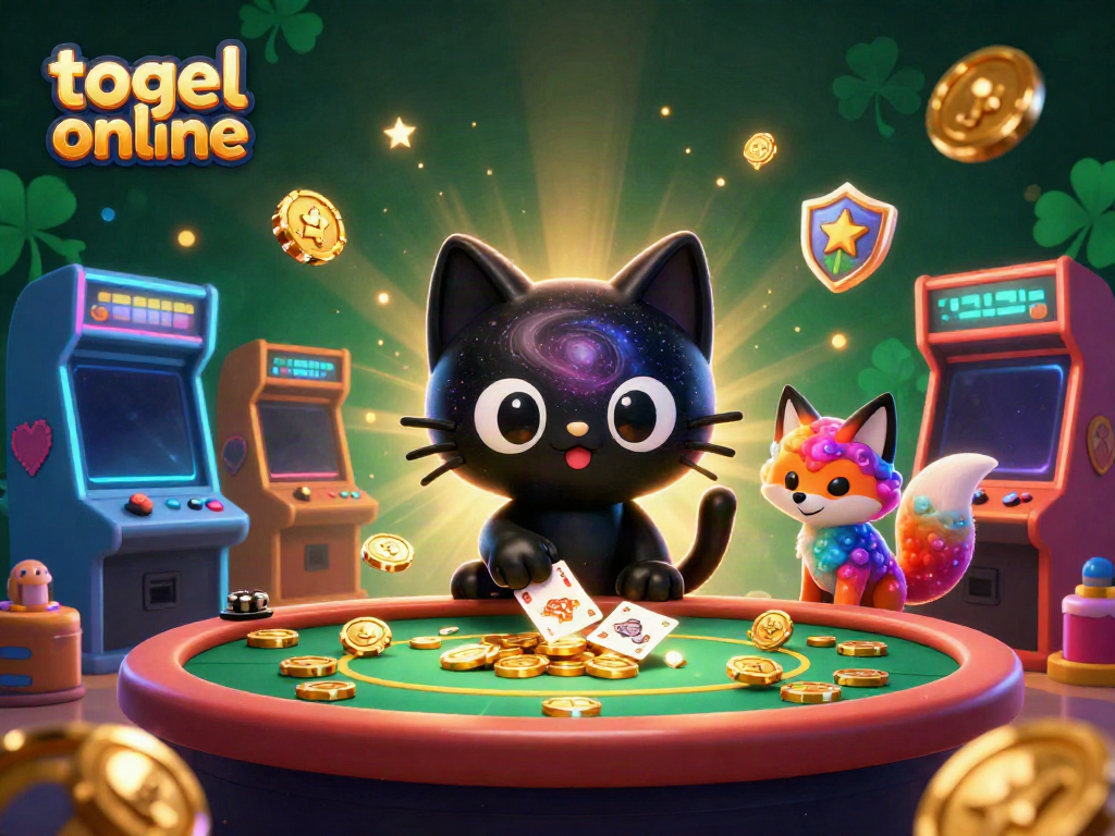 Ilustrasi menggambarkan togel online dengan kucing hitam dan rubah nebula di meja kasino.