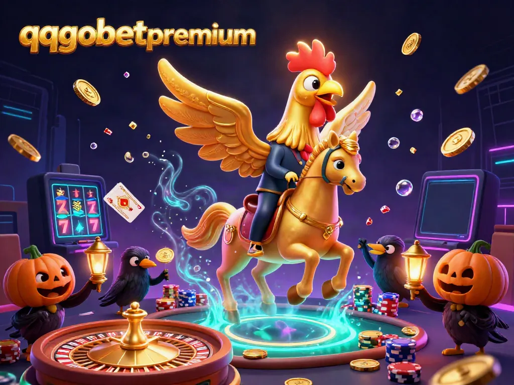 Experience the excitement at qqgobetpremium with a golden rooster and spooky crows in a vibrant casino setting.