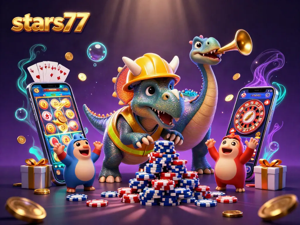 Permainan slot menarik di stars77 dengan triceratops membangun tumpukan chip poker, merayakan kemenangan.