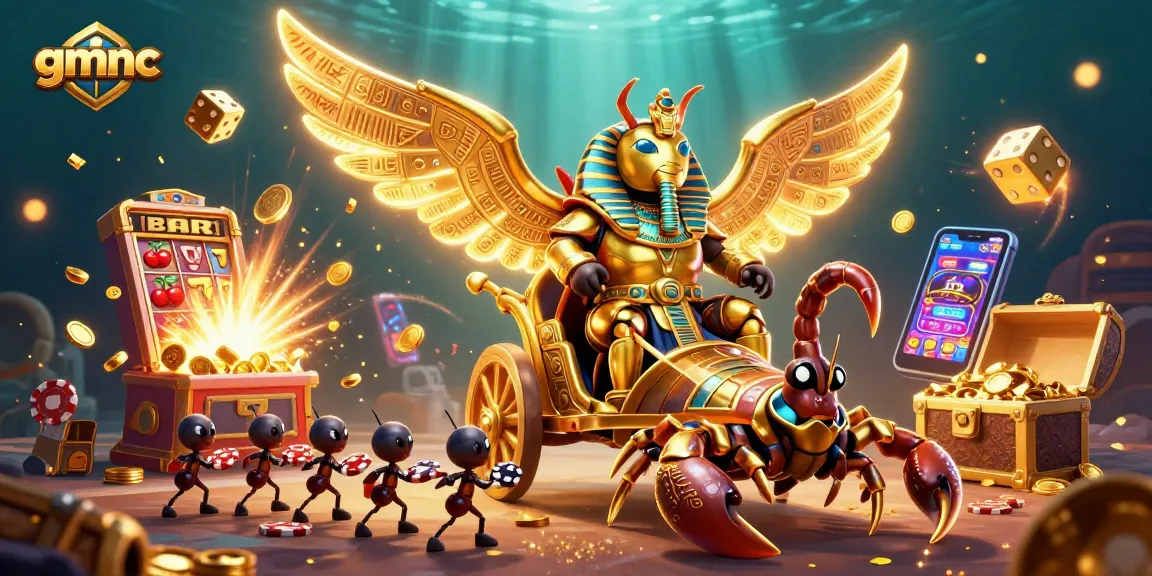 Experience thrilling gaming with gmnc, a golden beetle and vibrant casino elements in action.