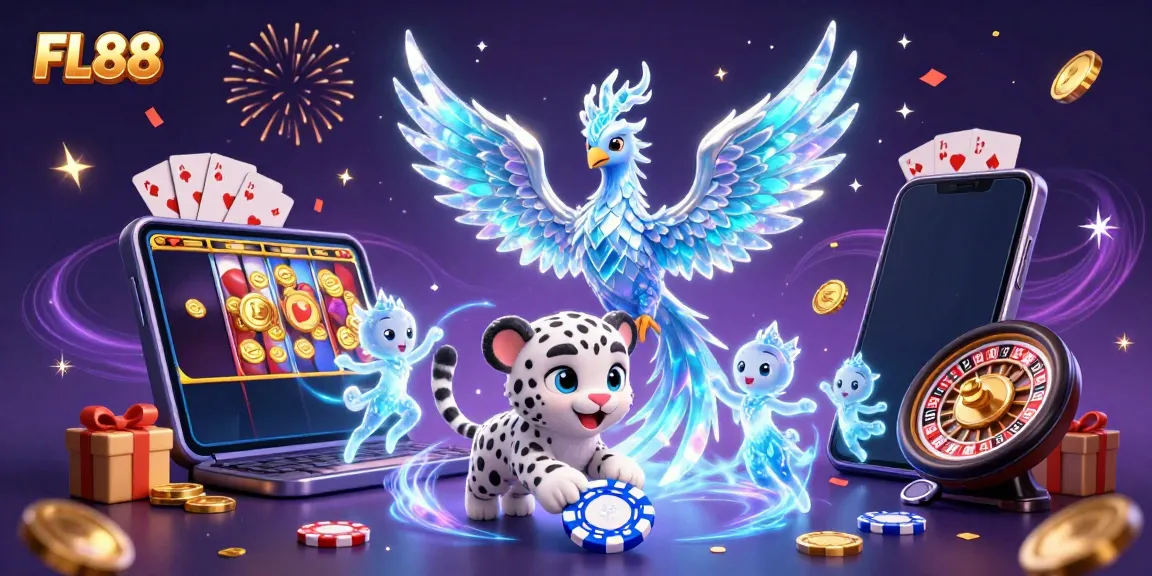 Experience the magic of FL88 with colorful casino elements, a phoenix, snow leopard, and enchanting sprites.