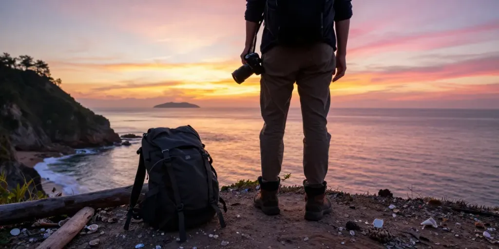 Natunatoto dalam momen petualangan di tepi laut saat matahari terbenam, menggambarkan seseorang yang menikmati keindahan alam.