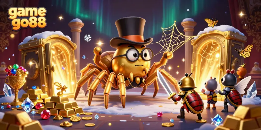 Engage in the vibrant world of game go88 with gold treasure and whimsical characters in a dynamic casino scene.