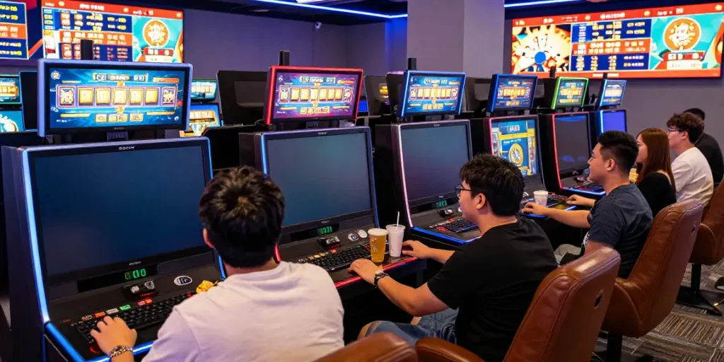 Pengalaman bermain game slot yang menyenangkan di ASLOTRE dengan pemain yang antusias dan mesin slot berwarna cerah.