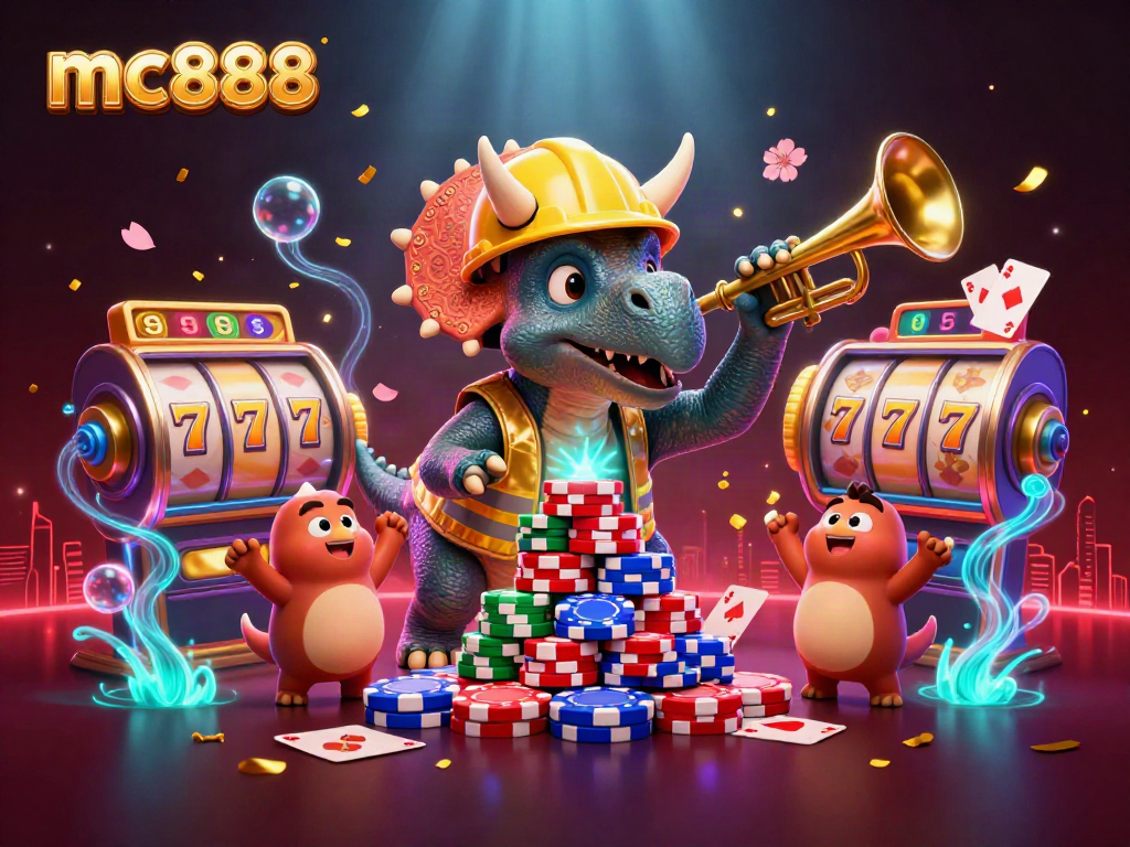 mc888 menyajikan ilustrasi bermain slot yang meriah dengan karakter kartun 3D dan elemen kasino yang menarik.
