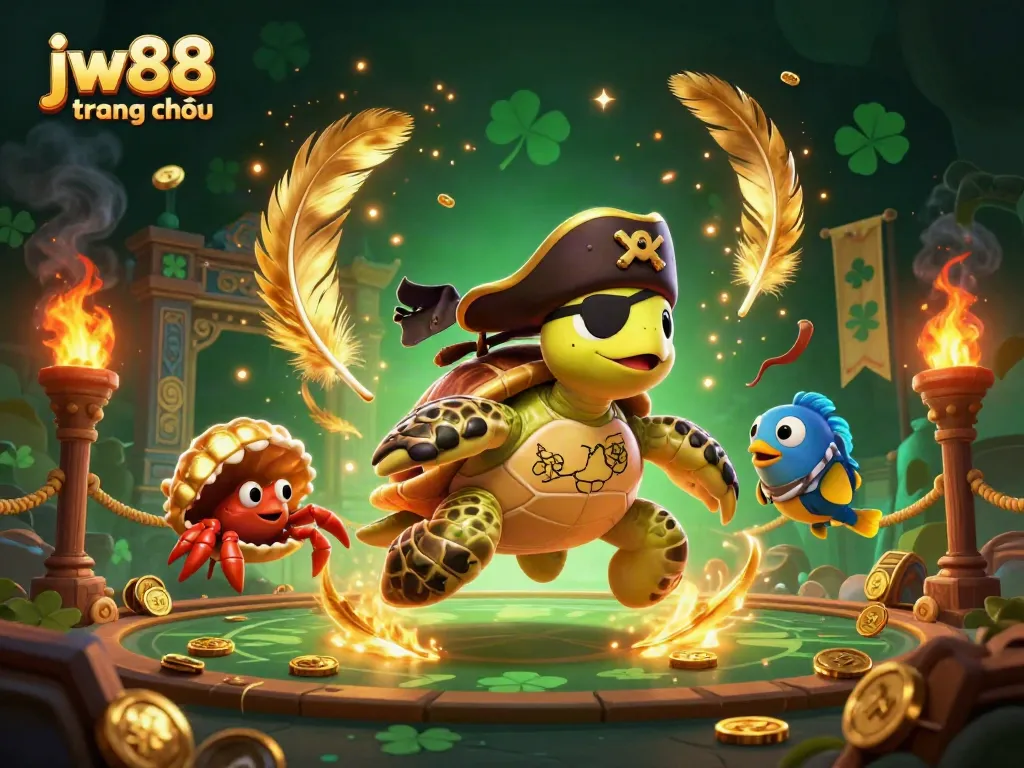 Engage with thrilling action at jw88 trang chủ featuring a cartoon pirate turtle and friends amid floating gold.