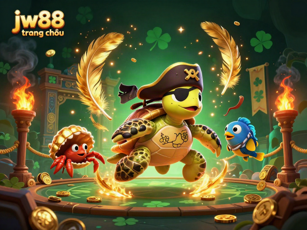 Engage with thrilling action at jw88 trang chủ featuring a cartoon pirate turtle and friends amid floating gold.
