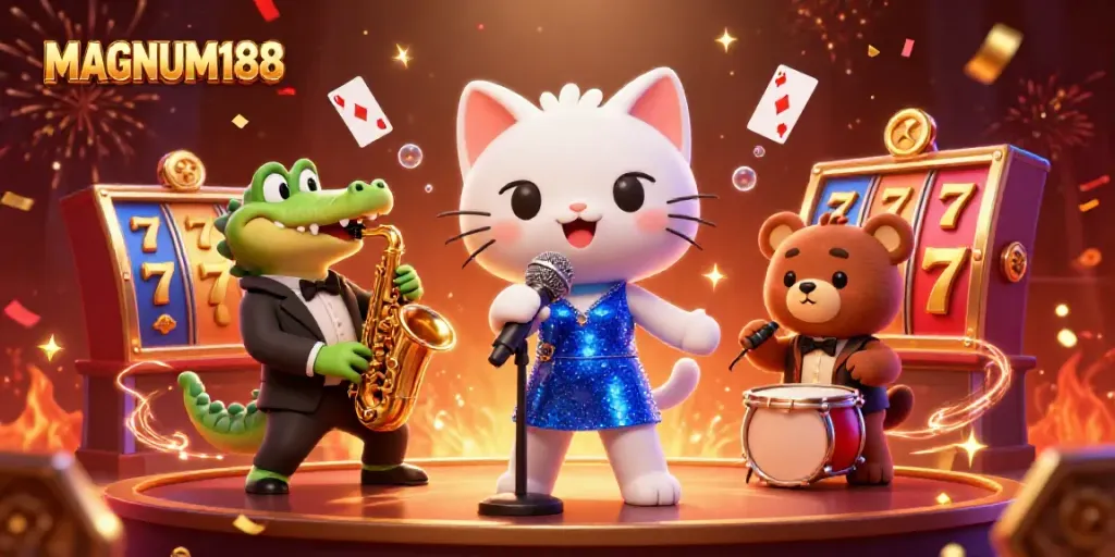 Experience the excitement at MAGNUM188 with a lively 3D casino scene featuring vibrant characters and animated slot reels.