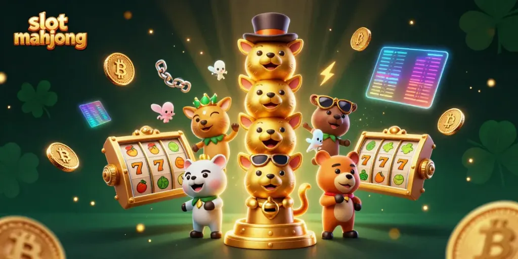 Permainan slot mahjong yang menampilkan totem bertema hewan di lingkungan kasino yang cerah.