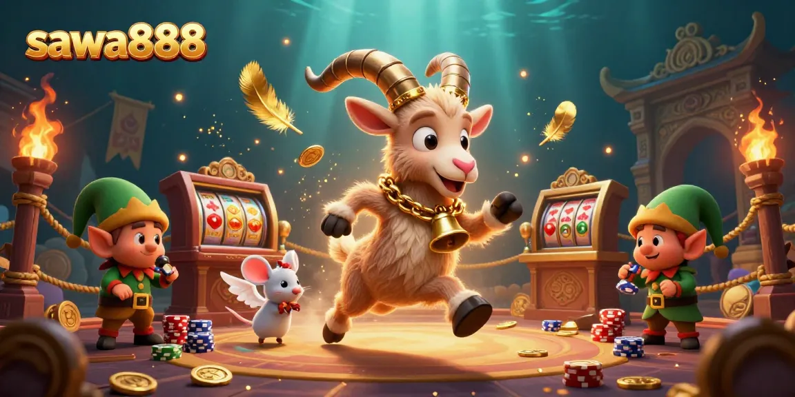 Engage with sawa888 at a lively casino scene featuring Krampus, an angel mouse, and elf gremlins amidst dynamic gaming elements.