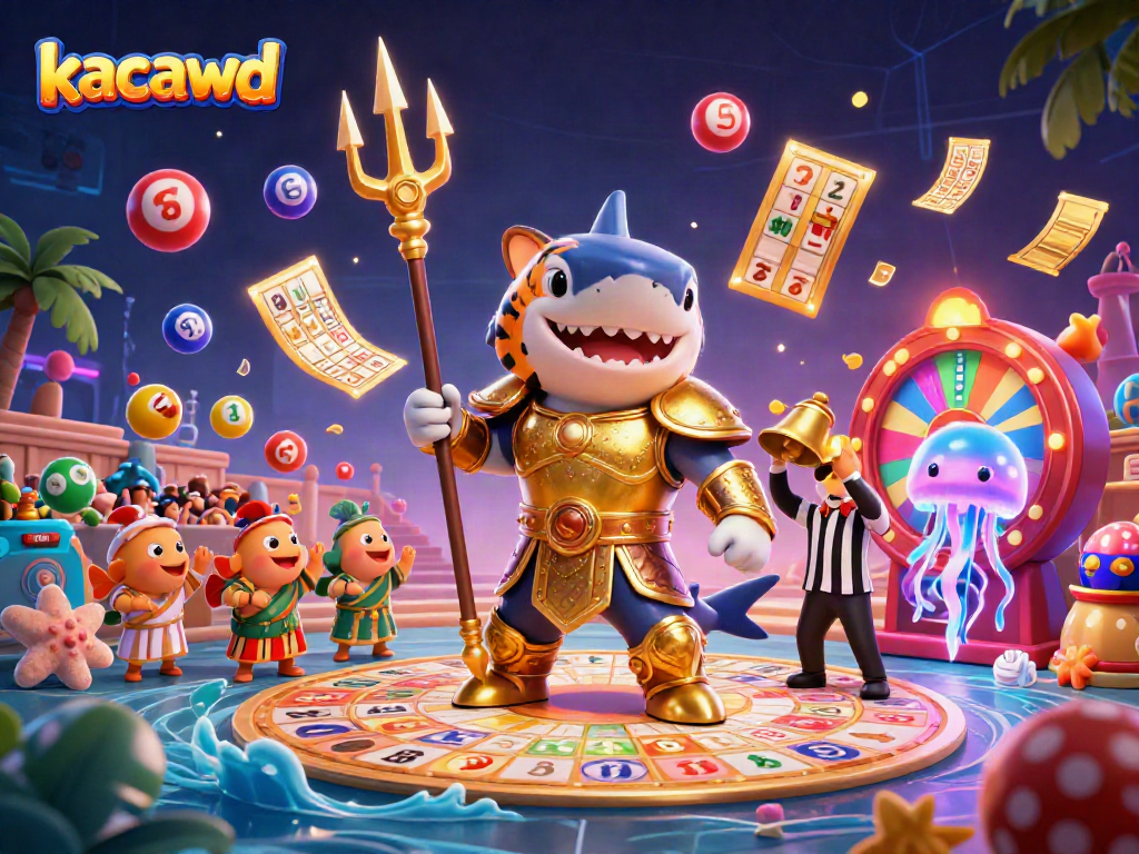 Ilustrasi 3D menunjukkan aksi seru pada permainan kacawd dengan hiu kartun bercorak emas di arena bawah laut.