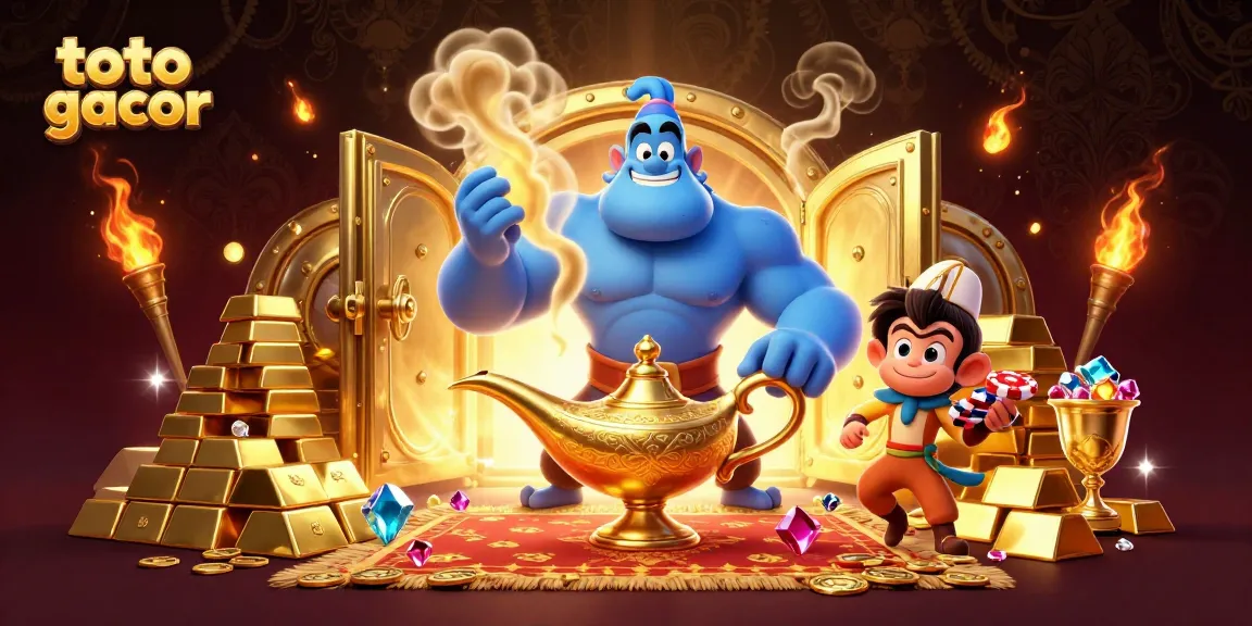 Menangkan toto gacor dengan genie biru, koin emas, dan harta karun dalam ilustrasi kasino yang megah.